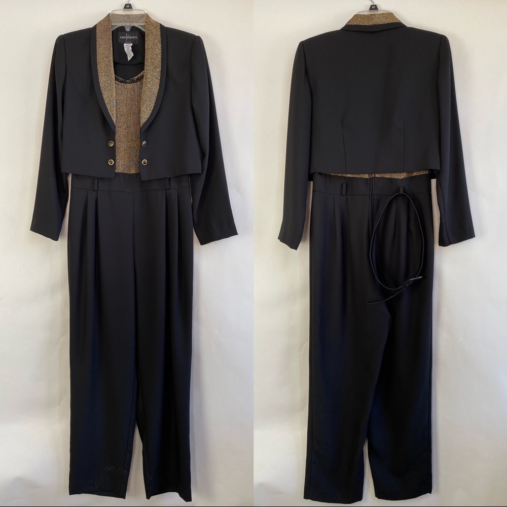 Vintage 2 Piece Suit Set John Roberts Black Gold Fancy Jumpsuit Blazer Set